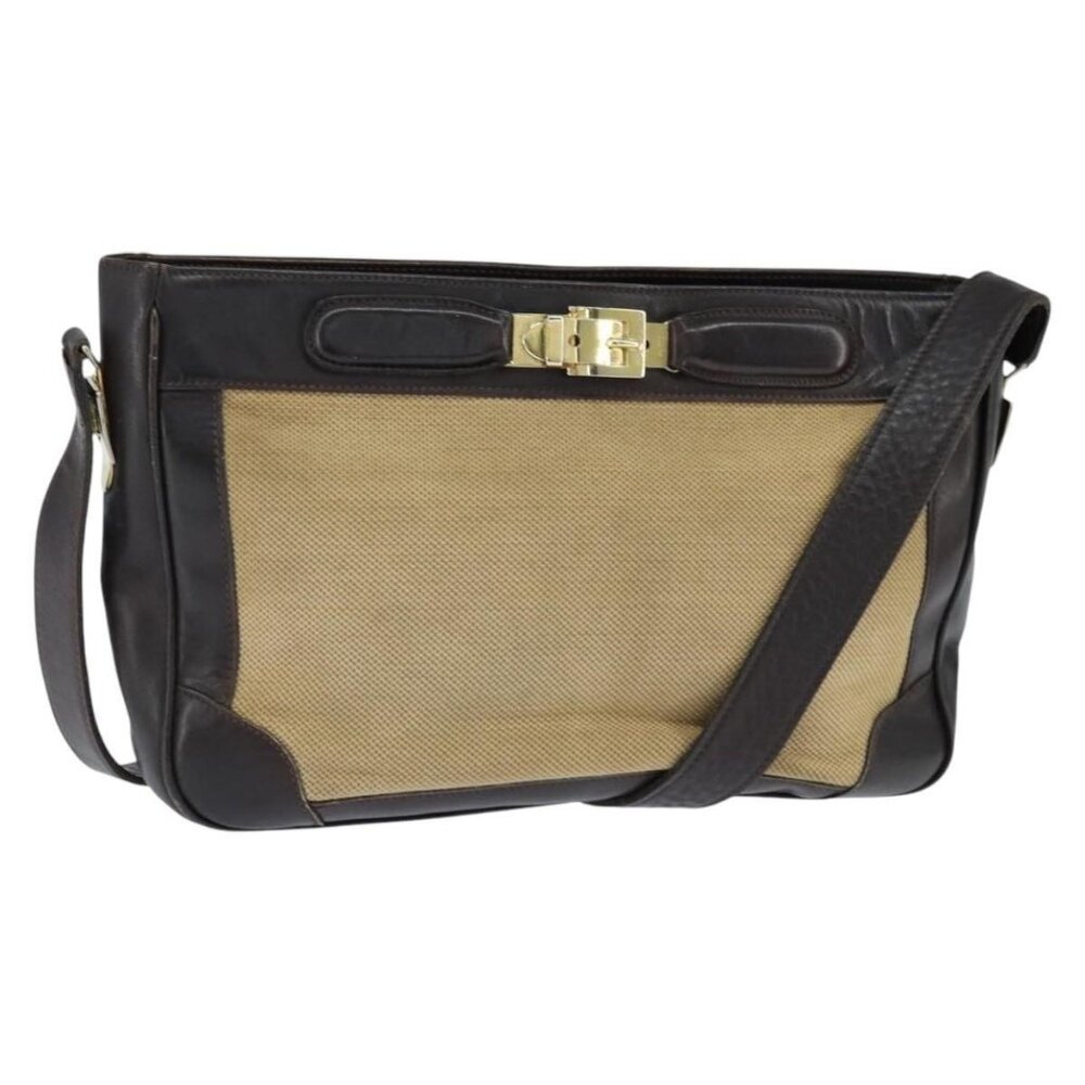 Authentic CELINE Shoulder Bag Canvas Beige Gold
